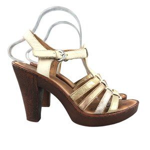BORN Women's 9 Riviera Leather Off-White Gold Metallic Strappy High Heel Sandals
